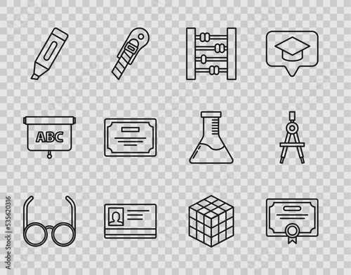 Set line Glasses, Certificate template, Abacus, Identification badge, Marker pen, Rubik cube and Drawing compass icon. Vector