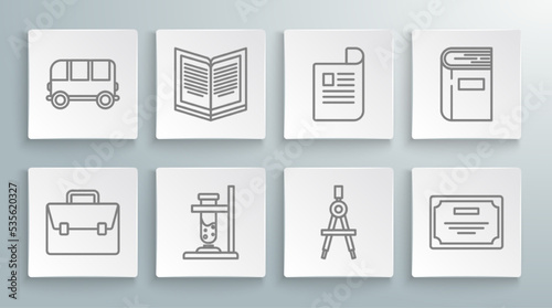 Set line Briefcase, Open book, Glass test tube flask on fire, Drawing compass, Certificate template, Document, Book and School Bus icon. Vector