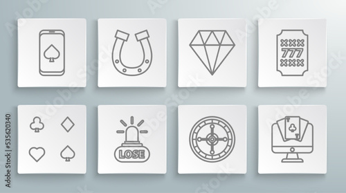 Set line Playing cards, Horseshoe, Casino losing, roulette wheel, Online poker table game, Diamond, Slot machine with lucky sevens jackpot and icon. Vector