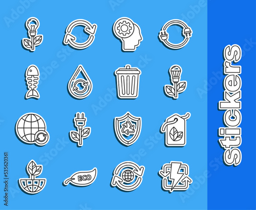 Set line Recharging, Tag with leaf symbol, Light bulb, Human head gear inside, Recycle clean aqua, Fish skeleton, and Trash can icon. Vector
