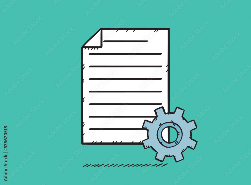 Hand drawn illustration of document with cog. Vector sketch style file. Hand drawn illustration of document with cog. Vector sketch style file.