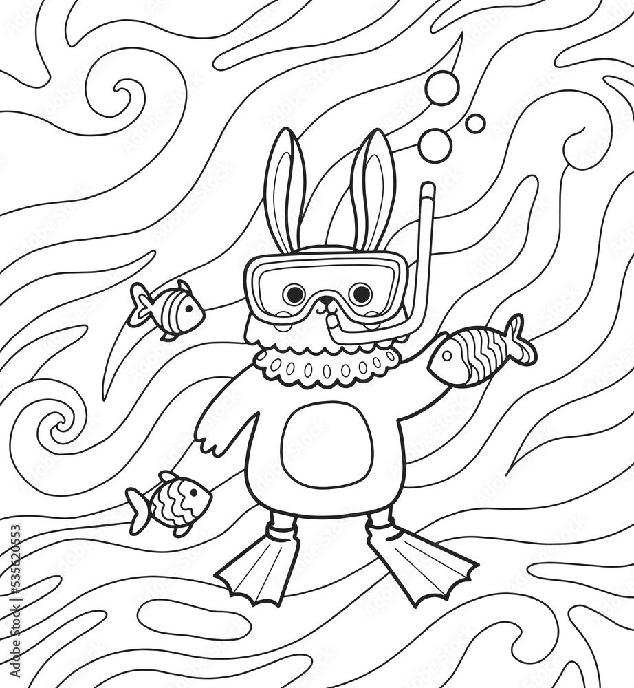 Cute rabbit outline cartoon character. Bunny in scuba. Coloring book page template for kids and children, doodle print, vector contour illustration.