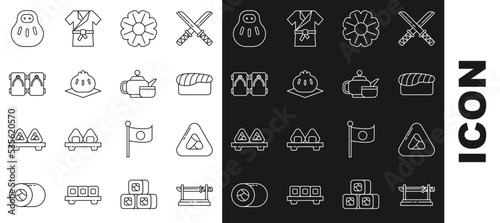 Set line Traditional Japanese katana, Sushi, Flower, Khinkali cutting board, Geta traditional shoes, Maneki neko cat and tea ceremony icon. Vector