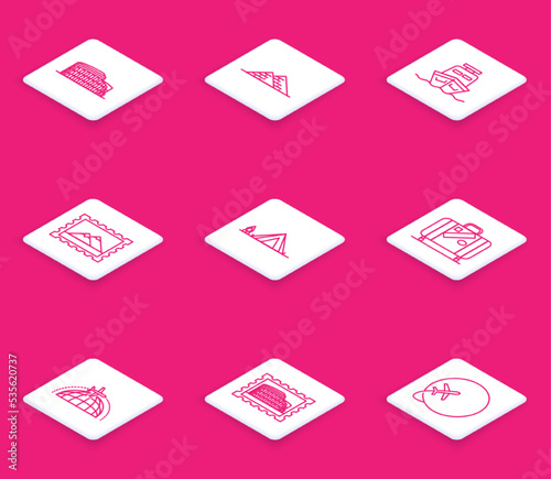 Set line Coliseum in Rome, Italy, Egypt pyramids, Ship, Postal stamp and Mountains, Tourist tent with wood fire, Suitcase for travel stickers, Globe flying plane and icon. Vector