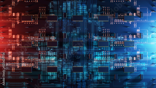 High Technology CPU on a Complex Circuit Microchip Board Surface. Digital close-up of a high-tech microchip and electronic circuits, symbolizing innovation and modern technology. 3d rendering