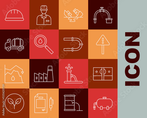 Set line Oil industrial factory building, Stacks paper money cash, Exclamation mark triangle, Wrecked oil tanker ship, drop, Tanker truck, Worker safety helmet and Industry pipe icon. Vector