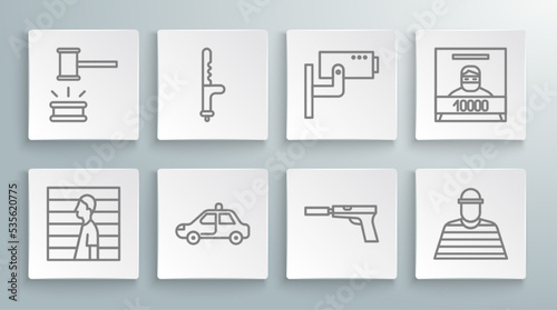 Set line Suspect criminal, Police rubber baton, car and flasher, Pistol or gun with silencer, Prisoner, Security camera, Wanted poster and Judge gavel icon. Vector