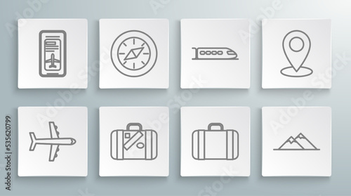 Set line Plane  Compass  Suitcase for travel and stickers  Mountains  Train  Map pin and Smartphone with electronic boarding airline ticket icon. Vector