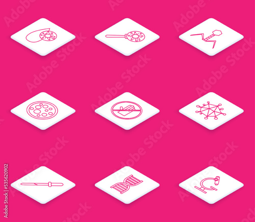 Set line Blood test and virus, Virus under magnifying glass, Bacteria bacteriophage, No handshake, Pipette and DNA symbol icon. Vector