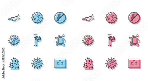 Set line Rabies virus, Virus, Ebola disease, First aid kit, Test tube with, Bar of soap, and icon. Vector