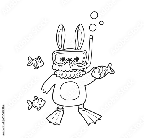 Cute rabbit outline cartoon character. Bunny in scuba floating with fish. Coloring book page template for kids and children, doodle print, vector contour illustration.