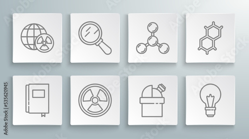 Set line Book, Magnifying glass, Radioactive, Astronomical observatory, Light bulb with concept of idea, Molecule, Chemical formula and Planet earth and radiation icon. Vector