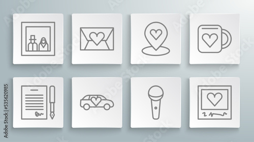 Set line Marriage contract, Envelope with Valentine heart, Limousine car, Microphone, Photo frames and hearts, Location, Coffee cup and Family photo icon. Vector