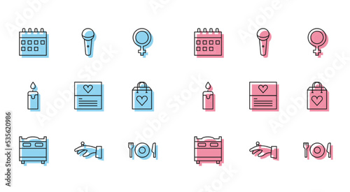Set line Bedroom, Wedding rings on hand, Calendar, Plate, fork knife, Greeting card, Shopping bag with heart, Burning candle and Microphone icon. Vector