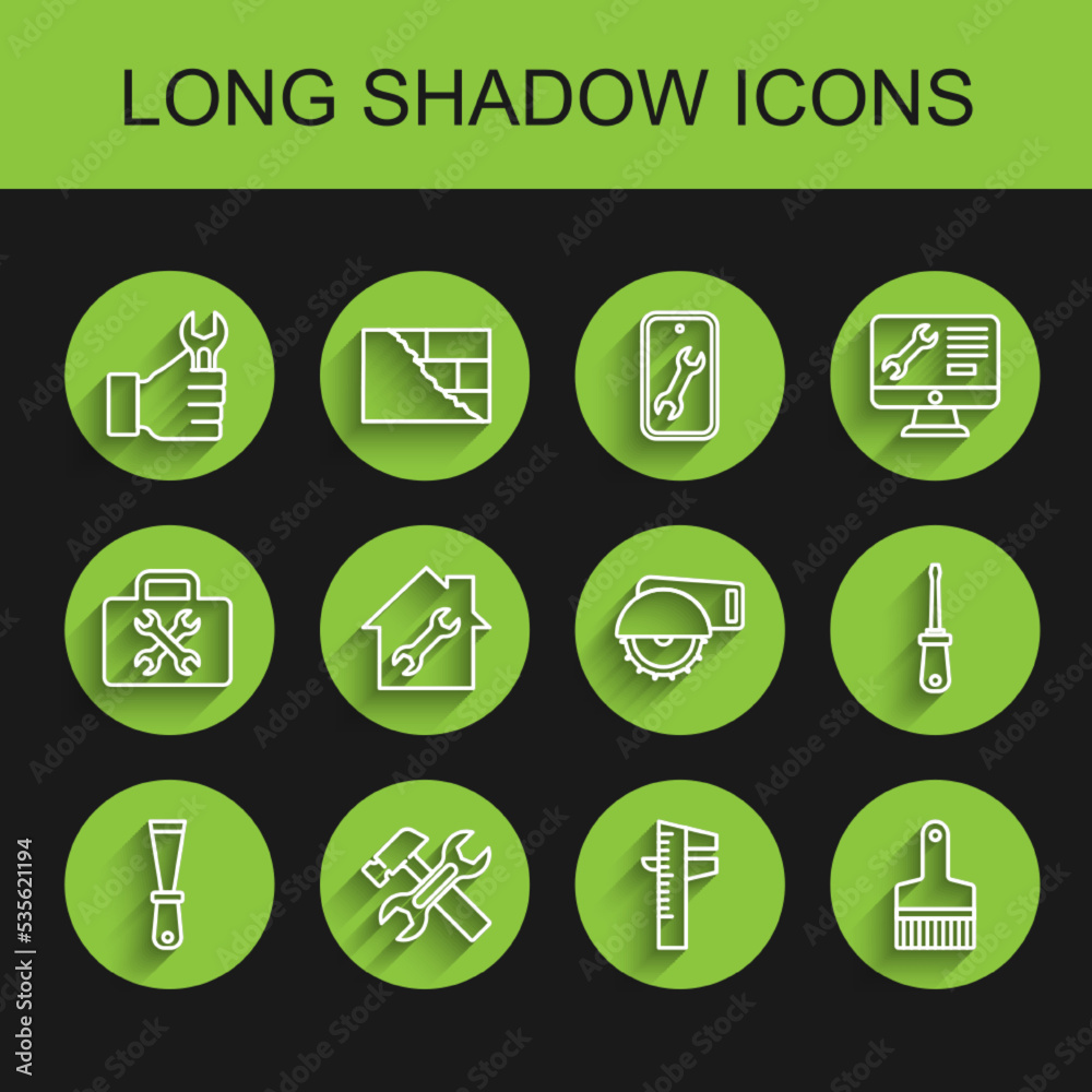 Set line Putty knife, Hammer and wrench, Wrench spanner, Calliper or caliper scale, Paint brush, House repair, Screwdriver and Electric circular saw icon. Vector Set line Putty knife, Hammer and wrench, Wrench spanner, Calliper or caliper scale, Paint brush, House repair, Screwdriver and Electric circular saw icon. Vector