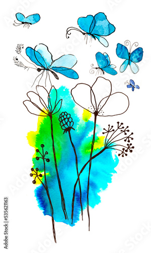 picture of  flowers and buterflies - watercolors on paper photo