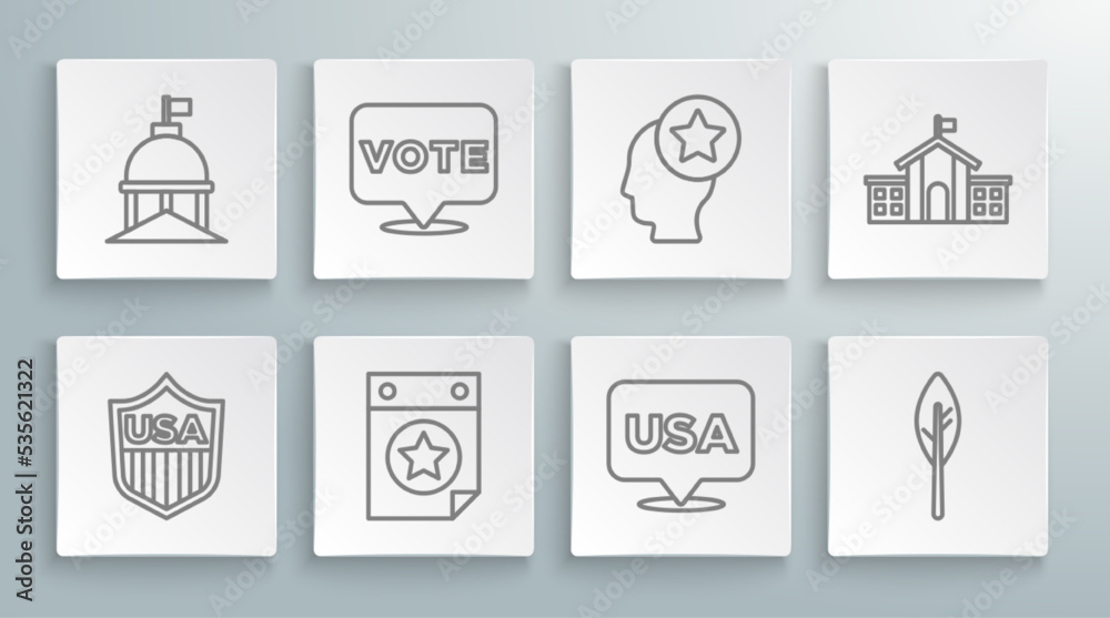 Set line Shield with stars, Vote, Calendar date July 4, USA Independence day, Indian feather, Head, United States Capitol Congress and White House icon. Vector Set line Shield with stars, Vote, Calendar date July 4, USA Independence day, Indian feather, Head, United States Capitol Congress and White House icon. Vector