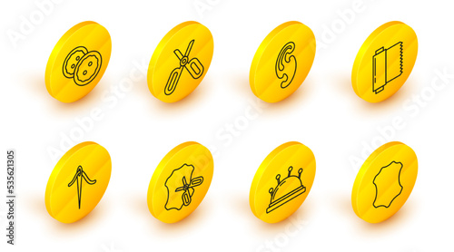 Set line Leather, Needle bed and needles, Scissors leather, for sewing with thread, Textile fabric roll, French curves, and Sewing button clothes icon. Vector