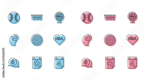 Set line Coin money with dollar, Calendar date July 4, Baseball ball, American star shield, USA Independence day, Head and Carnival garland flags icon. Vector