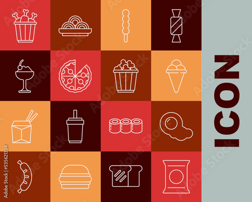 Set line Bag or packet potato chips, Scrambled eggs, Ice cream in waffle cone, Lollipop, Pizza, bowl, Chicken leg package box and Popcorn icon. Vector