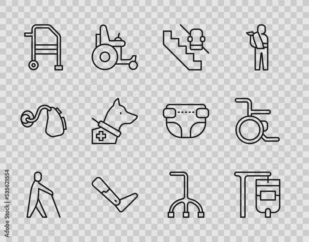 Set line Blind human holding stick, IV bag, Disabled elevator, Prosthesis leg, Walker, Guide dog, Walking cane and Wheelchair icon. Vector Set line Blind human holding stick, IV bag, Disabled elevator, Prosthesis leg, Walker, Guide dog, Walking cane and Wheelchair icon. Vector