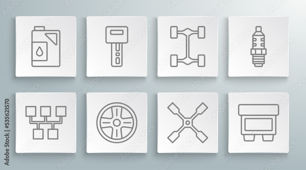 Set line Gear shifter, Car key with remote, Alloy wheel, Wheel wrench, Fuse, Chassis car, spark plug and Canister for motor oil icon. Vector Set line Gear shifter, Car key with remote, Alloy wheel, Wheel wrench, Fuse, Chassis car, spark plug and Canister for motor oil icon. Vector