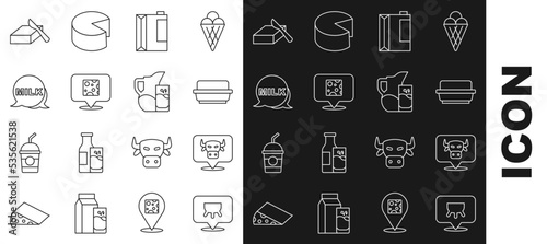 Set line Udder, Cow head, Butter in butter dish, Paper package for kefir, Cheese, Lettering milk, and Milk jug pitcher and glass icon. Vector