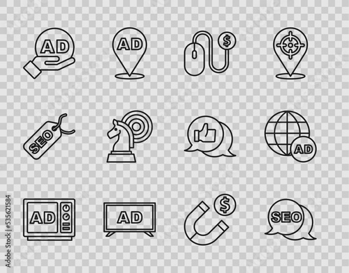 Set line Advertising, SEO optimization, Chess, Magnet with money and icon. Vector