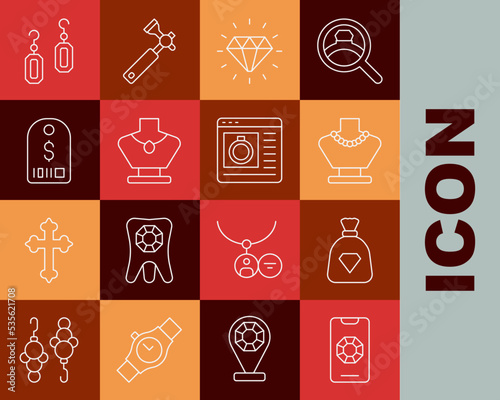 Set line Jewelry online shopping, Bag with gems, Necklace mannequin, Diamond, Price tag dollar, Earrings and icon. Vector