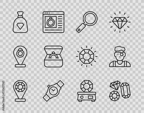 Set line Jewelry store, Gem stone, Magnifying glass, Wrist watch, Bag with gems, Diamond engagement ring box, and Jeweler man icon. Vector