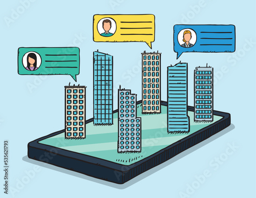 Homeoffice communication between coworkers from different buildings, showing on mobile phone screen. Sketch style hand drawn vector illustartion. 