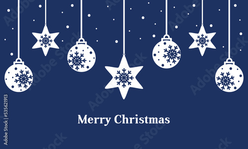 Hanging snowflakes and christmas baubles ornaments. Blue holidays greeting card.