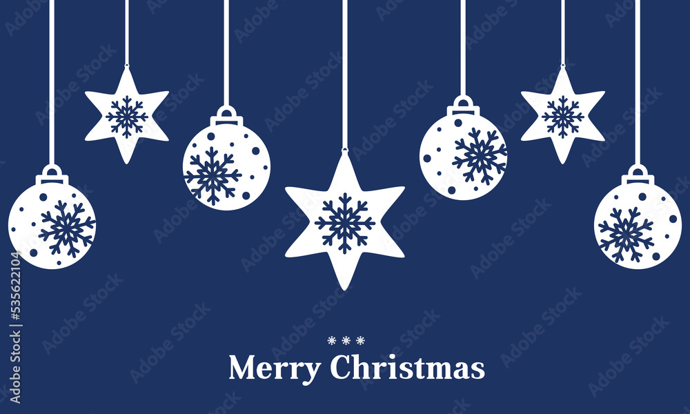  Blue christmas celebration card with hanging snowflakes and balls ornaments.