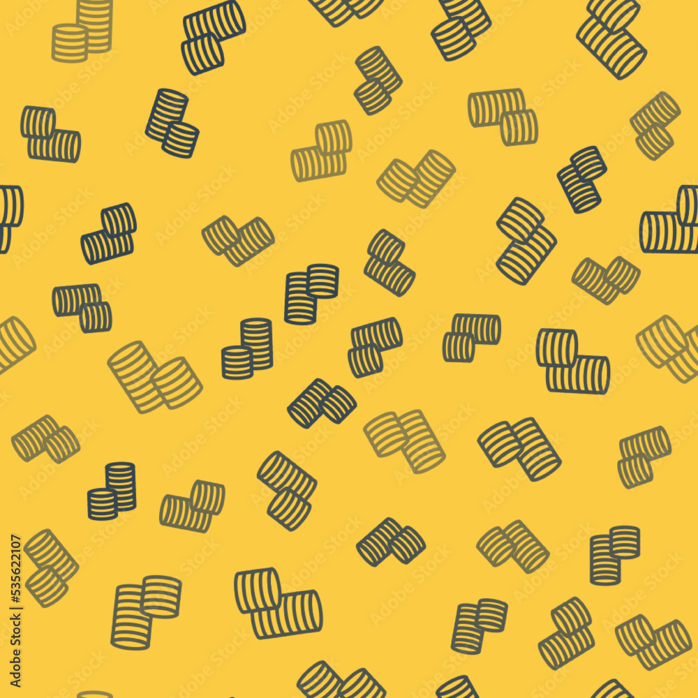 Blue line Coin money with dollar symbol icon isolated seamless pattern on yellow background. Banking currency sign. Cash symbol. Vector