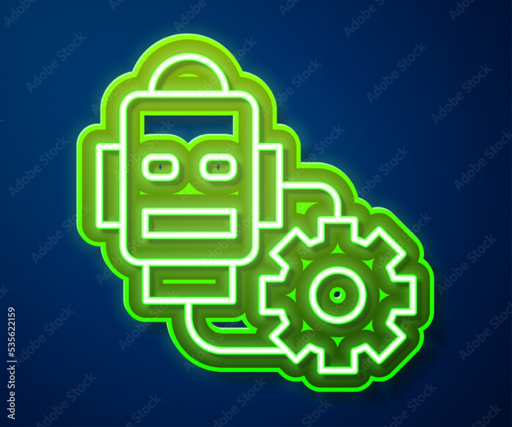 Glowing neon line Robot setting icon isolated on blue background. Artificial intelligence, machine learning, cloud computing. Vector Glowing neon line Robot setting icon isolated on blue background. Artificial intelligence, machine learning, cloud computing. Vector