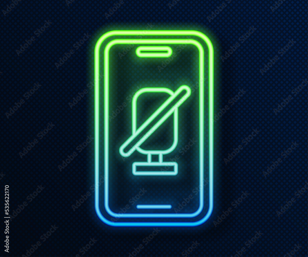 Glowing neon line Mute microphone on mobile phone icon isolated on blue background. Microphone audio muted. Vector Glowing neon line Mute microphone on mobile phone icon isolated on blue background. Microphone audio muted. Vector