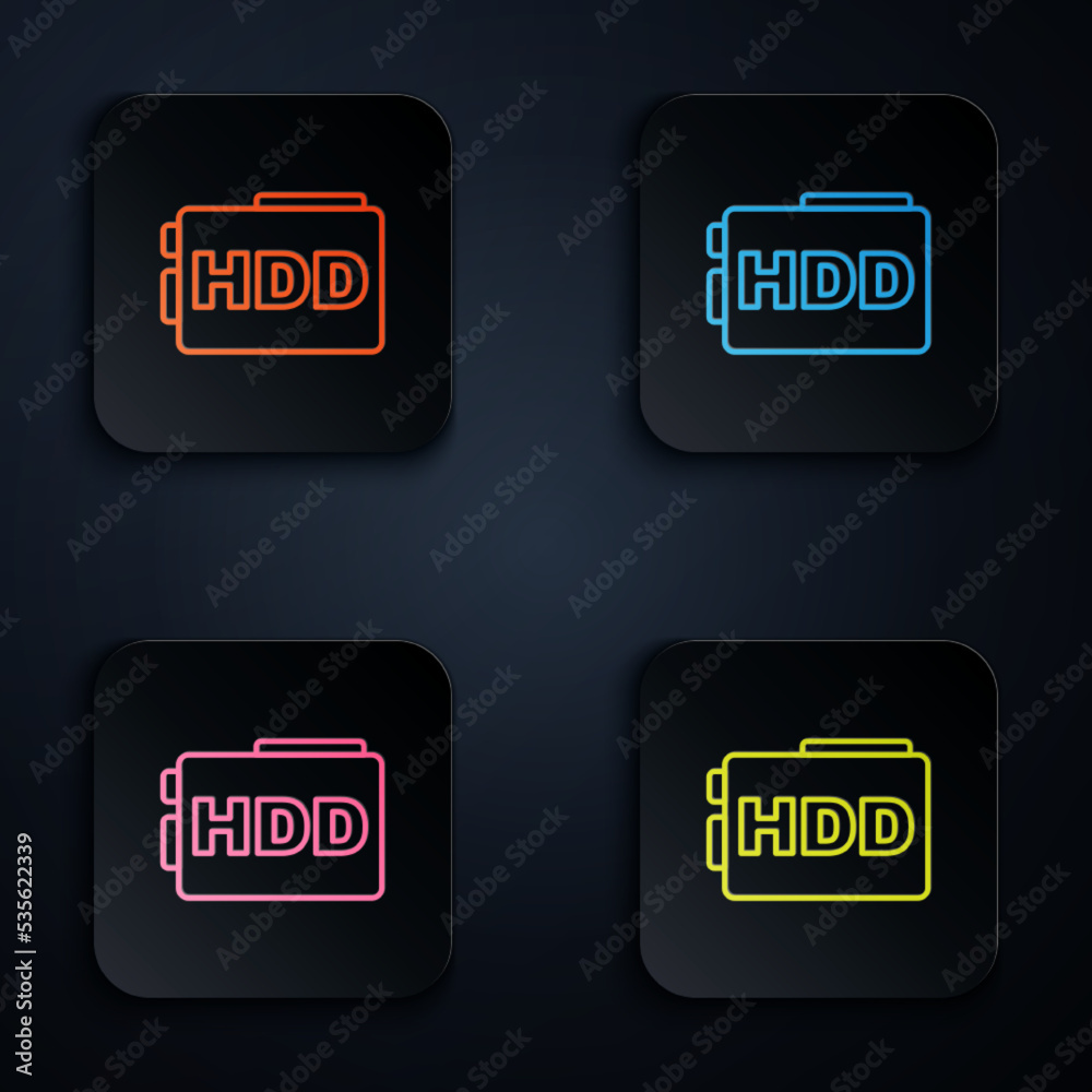Color neon line Hard disk drive HDD icon isolated on black background. Set icons in square buttons. Vector Color neon line Hard disk drive HDD icon isolated on black background. Set icons in square buttons. Vector