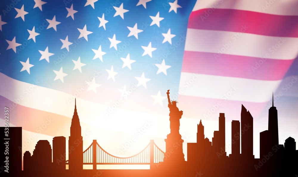 Modern city silhouette with USA flag