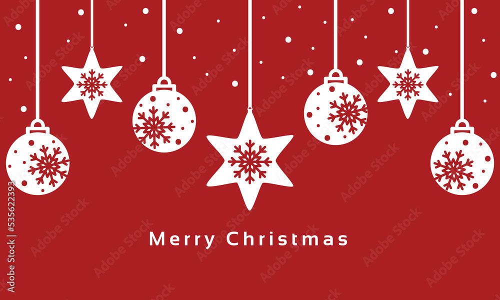 Hanging snowflakes and balls ornaments on red background. Vector illustration. Celebration christmas card.