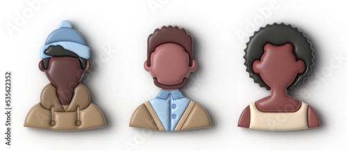 Set of vector 3d avatars. young stylish people. Element for design and illustrations. bubble style. Men, African American, Persons, Guys, Casual