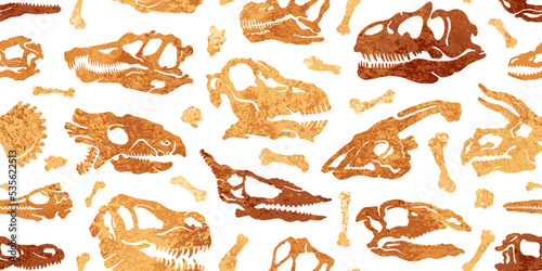 Fossil Dinosaur pattern. Seamless dino vector background. Paleontology print. Fossil pattern of skeleton. Skull footprint. Texture silhouette of prehistoric animals. Dinosaur bone for textile seamless