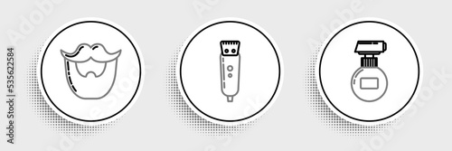 Set line Cream or lotion cosmetic tube, Mustache and beard and Electrical hair clipper shaver icon. Vector