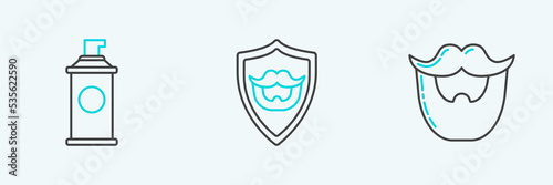 Set line Mustache and beard, Shaving gel foam and on shield icon. Vector