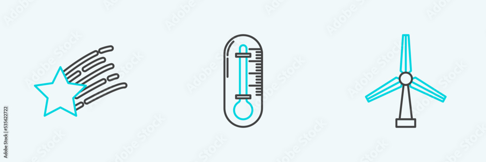 Set line Wind turbine, Falling star and Thermometer icon. Vector Set line Wind turbine, Falling star and Thermometer icon. Vector