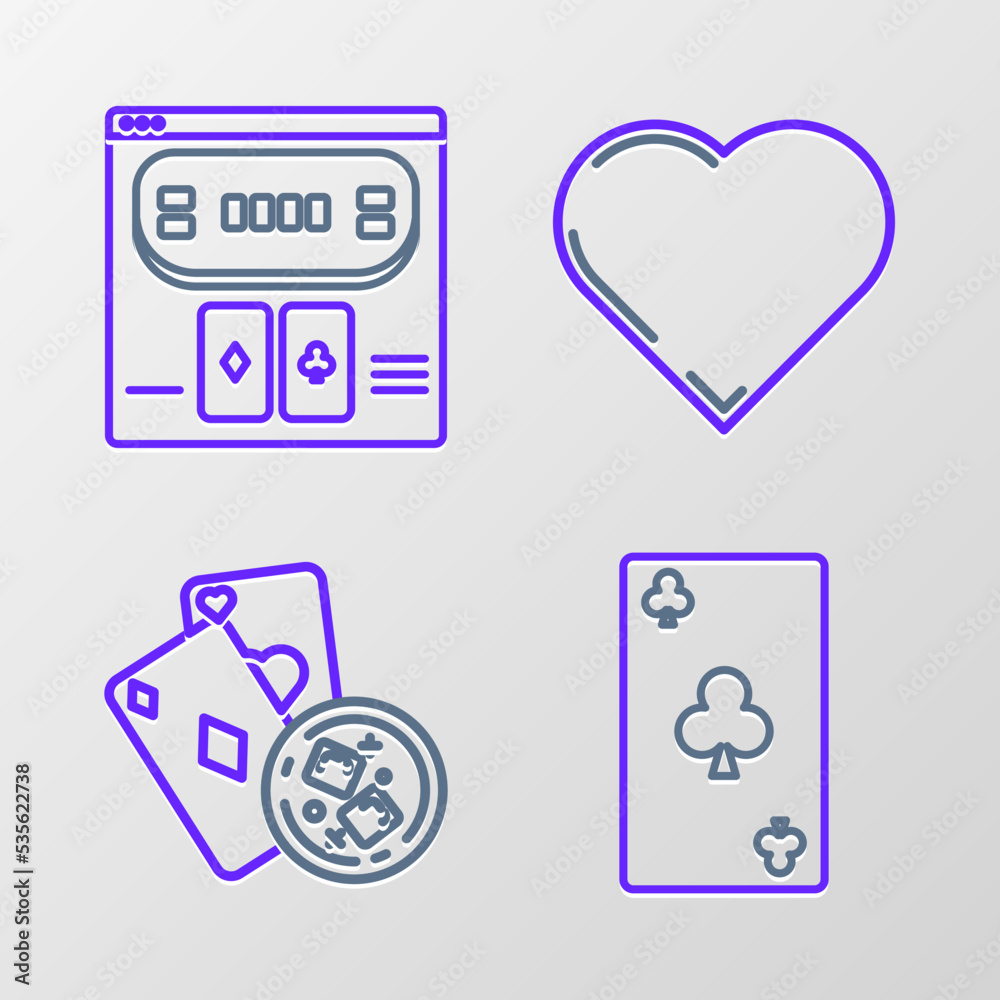 Set line Playing card with clubs symbol, cards and glass of whiskey ice cubes, heart and Online poker table game icon. Vector Set line Playing card with clubs symbol, cards and glass of whiskey ice cubes, heart and Online poker table game icon. Vector