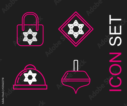 Set line Hanukkah dreidel, Jewish kippah with star of david, Star David and Shopping bag icon. Vector