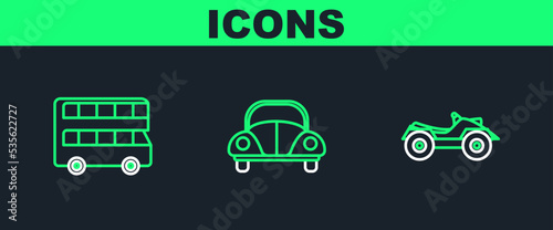 Set line All Terrain Vehicle or ATV motorcycle, Double decker bus and Car icon. Vector