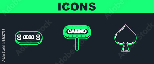 Set line Playing card with spades symbol, Poker table and Casino signboard icon. Vector