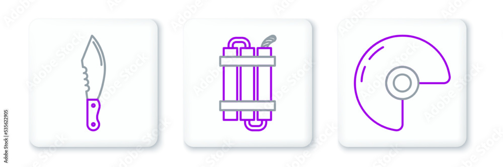 Set line Military helmet, knife and Detonate dynamite bomb stick icon. Vector Set line Military helmet, knife and Detonate dynamite bomb stick icon. Vector