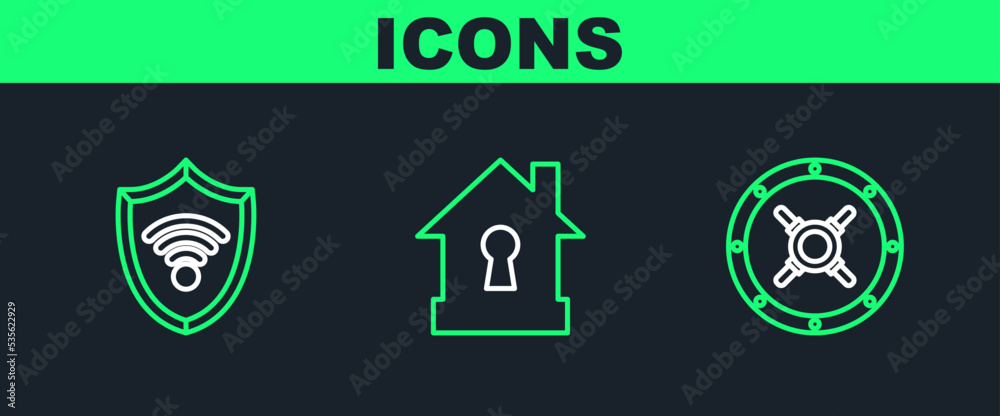 Set line Safe, Shield with WiFi wireless internet network and House under protection icon. Vector Set line Safe, Shield with WiFi wireless internet network and House under protection icon. Vector